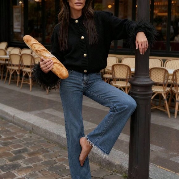 Black Festive Women's Furry Cuffs Metal Buttons Cardigan - Picture 10 of 11